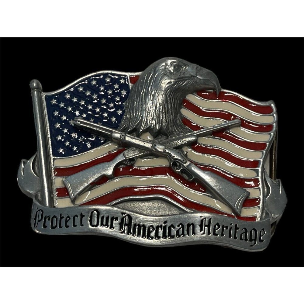 "PROTECT OUR AMERICAN HERITAGE" 2 A. BELT BUCKLE ~EAGLE, FLAG & CROSSED RIFLES~